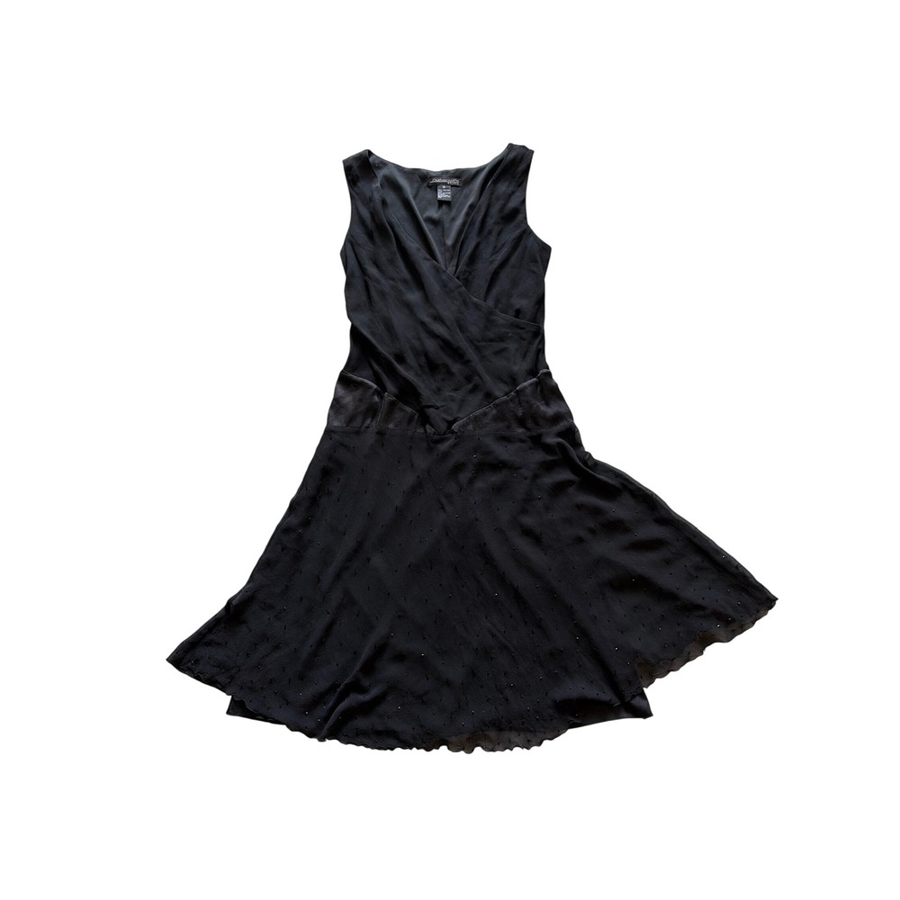 Midi Dress Beaded Whimsigoth Vintage Y2K Women 8 Black Silk V-Neck Lettuce Hem